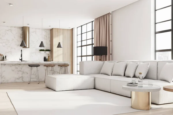 Sala Estar Moderna Ensolarada Design Interiores Com Grande Sofá Leve — Fotografia de Stock