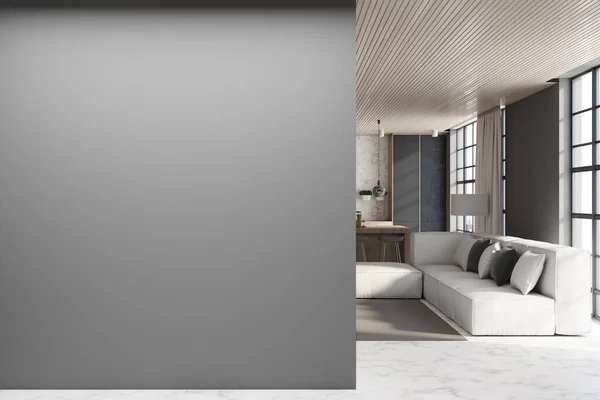 快適なソファ付きのモダンなリビングルームのインテリア 灰色のコンクリートの壁に昼と空のモックアップの場所と都市の景色 モックアップ 3Dレンダリング — ストック写真