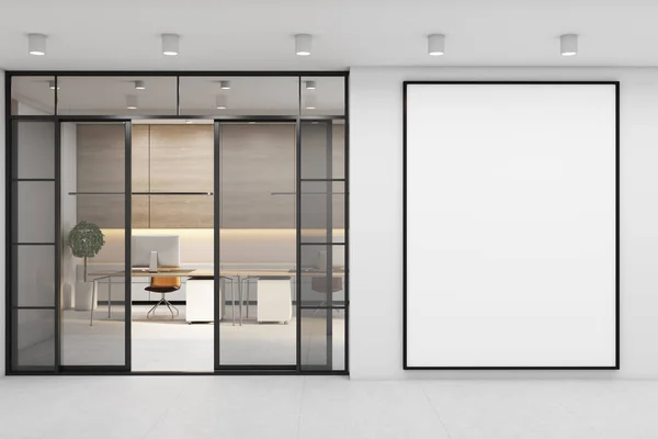 Blank White Poster Black Frame Light Wall Glass Doors Sunny — Stock Photo, Image