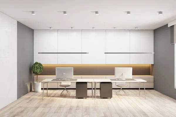 Bright concrete and wooden office interior with daylight and furniture. 3D Rendering