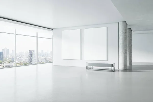 Modern white concrete gallery interior with panoramic window city view, empty poster for your advertisement and seat. Mock up, 3D Rendering