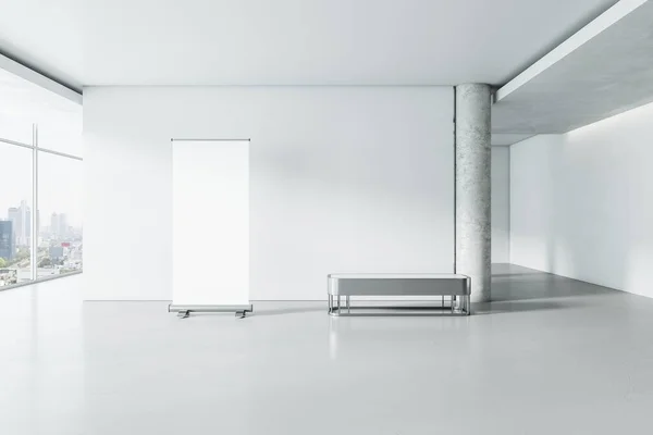 Moderno Interior Galería Hormigón Blanco Con Vista Panorámica Ciudad Ventana —  Fotos de Stock