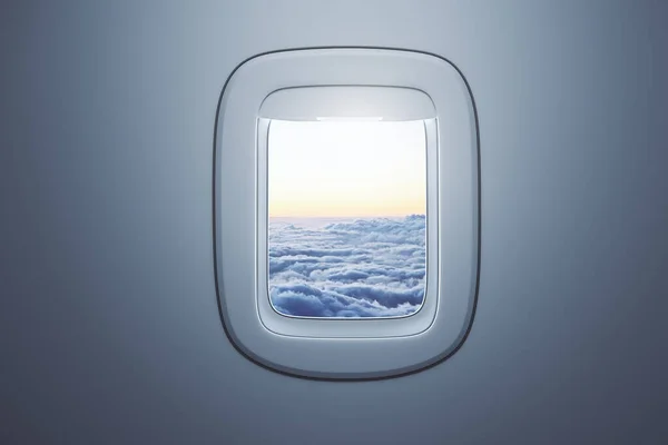 Airplane window with beautiful sky view. Travel and transportation concept. 3D Rendering