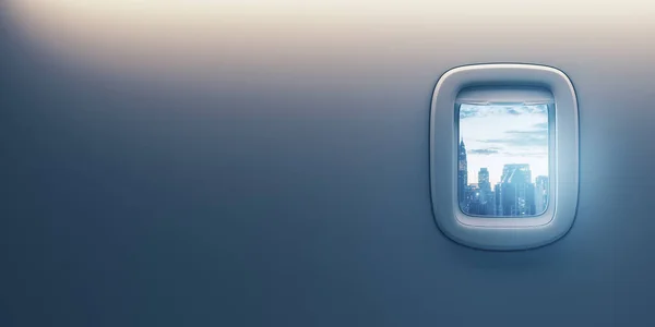 Abstract Blank Backdrop Copyspace City Skyscrapers View Porthole Flight Business — Stock Photo, Image