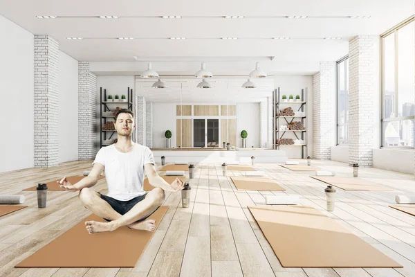 Concrete Yoga Gym Interior Equipment Daylight Wooden Flooring