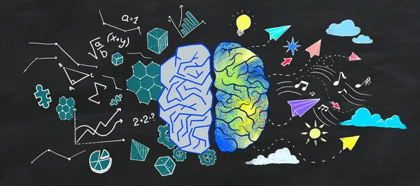Δημιουργικό Πολύχρωμο Σκίτσο Εγκεφάλου Φόντο Τοίχου Brainstorming Και Εκπαίδευση Έννοια — Φωτογραφία Αρχείου