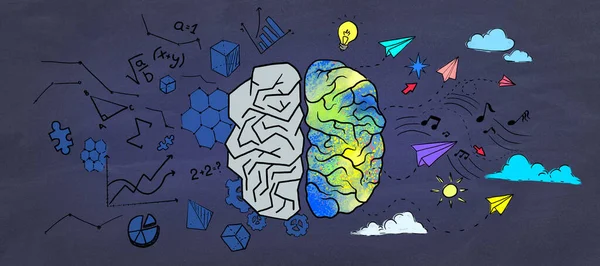 Duvarın Arka Planında Yaratıcı Renkli Beyin Çizimi Beyin Fırtınası Eğitim — Stok fotoğraf
