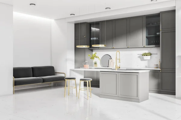 Intérieur Cuisine Lumineux Avec Îlot Appareils Électroménagers Lumière Soleil Concept — Photo