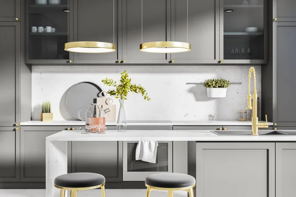 Grey Kitchen Interior Island Appliances Sunlight Design Concept Rendering — Stock Photo, Image