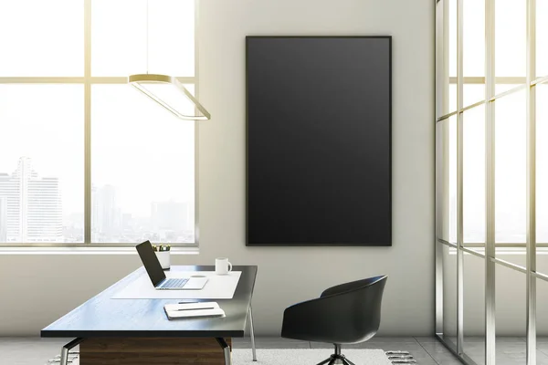 Modern Glass Office Interior Panoramic City View Sunlight Empty Black — Stock Photo, Image