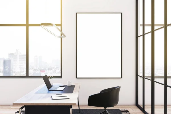 Hedendaags Glazen Kantoorinterieur Met Panoramisch Uitzicht Stad Zonlicht Lege Witte — Stockfoto