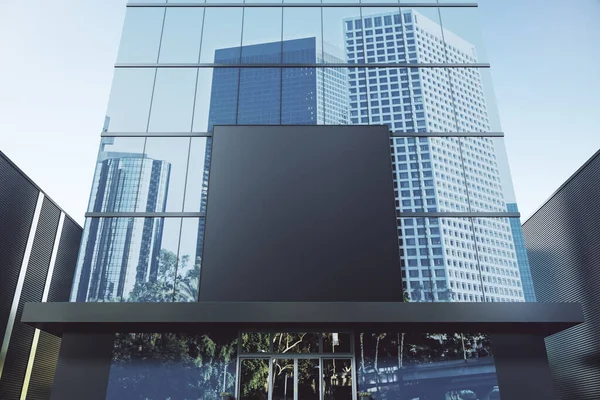 Prázdný Černý Billboard Lesklém Skle Budovy Exteriéru Odrazy Denním Světlem — Stock fotografie