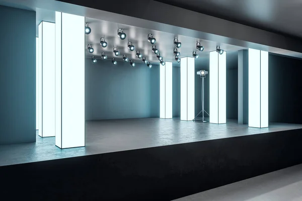 Vue Latérale Scène Moderne Hall Exposition Lumineux Dans Intérieur Béton — Photo