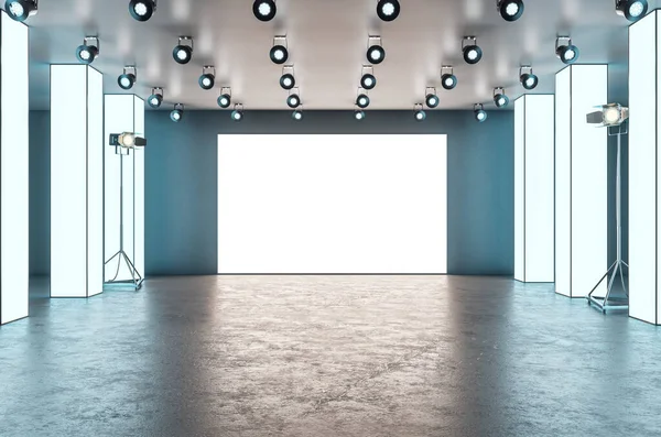 Modern glowing exhibition hall blank banner stage in concrete interior. Museum and gallery concept. Mock up, 3D Rendering