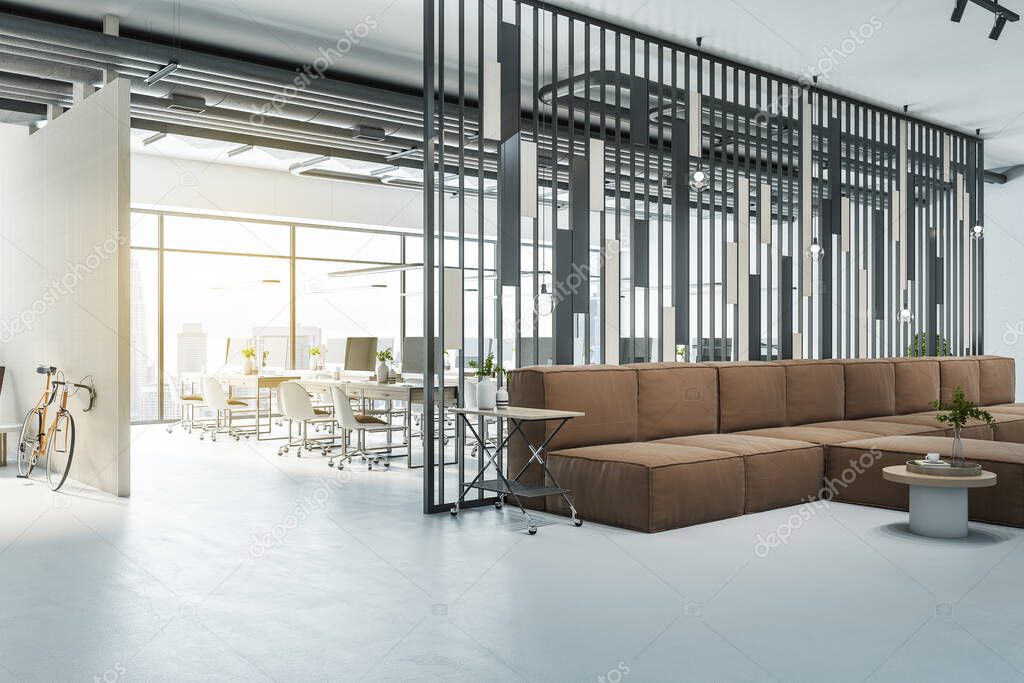 Modern office lobby interior with big couch, city view and daylight. 3D Rendering