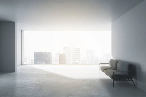 Zijaanzicht Van Moderne Betonnen Kantoor Wachtruimte Met Raam Uitzicht Stad — Stockfoto