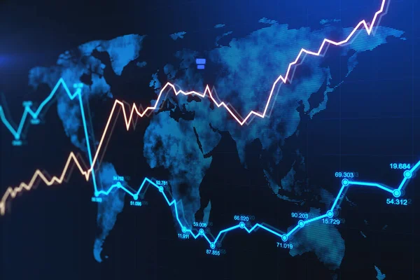 Gloeiende Forex Grafiek Donkere Achtergrond Met Kaart Handels Marktconcept Weergave — Stockfoto