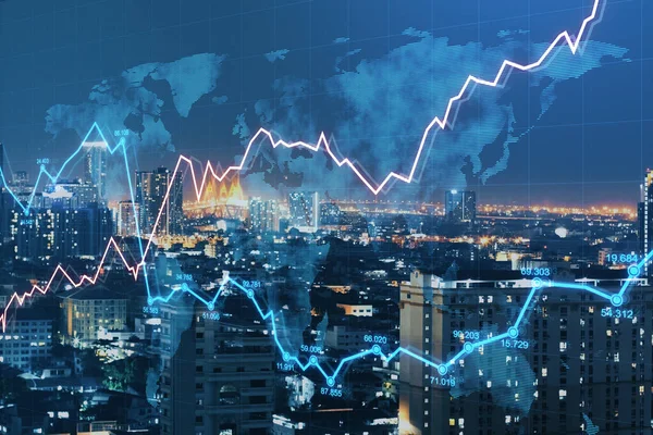 Heldere Nacht Stad Achtergrond Met Gloeiende Forex Grafiek Skyline Marktgroei — Stockfoto