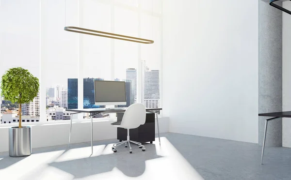 Moderní Spolupracující Kancelářský Interiér Slunečním Světlem Nábytkem Prázdným Praporem Betonové — Stock fotografie