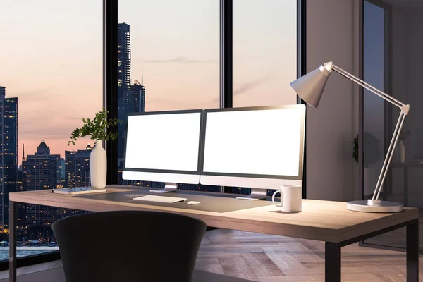 Two blank white computer screens on office desktop in interior with night city view. Corporate template. Mock up, 3D Rendering
