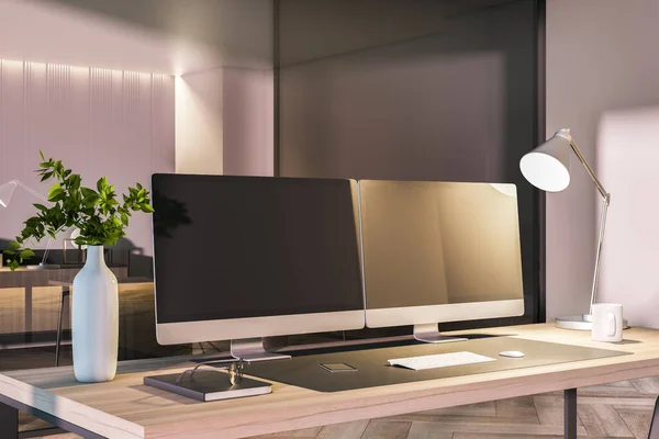 Modern Office Interior Desk Top Blank Black Computer Monitors Other — Stock Photo, Image