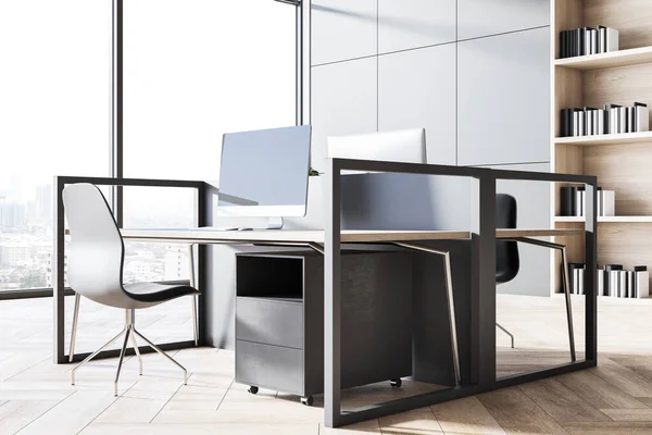 Helles Coworking Bürointerieur Mit Holzböden Betonwänden Fenstern Mit Panoramablick Auf — Stockfoto