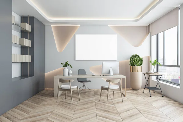 Moderno Interior Oficina Con Suelos Madera Escritorio Equipo Maqueta Vacía — Foto de Stock