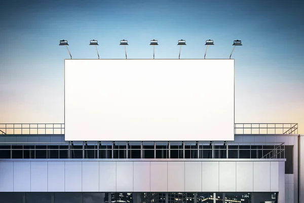 Blank White Billboard Spotlights Top Industrial Building Evening Sky Background — Stock Photo, Image