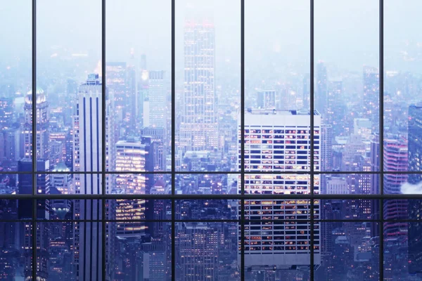 Schoon Panoramisch Raam Kantoor Interieur Met Helder Uitzicht Stad Reflecties — Stockfoto