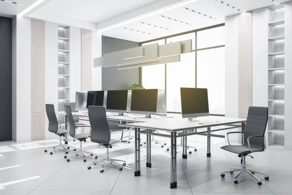 Lyse Coworking Meeting Room Interiør Med Skarpt Bybilde Utstyr Gjengivelse – stockfoto