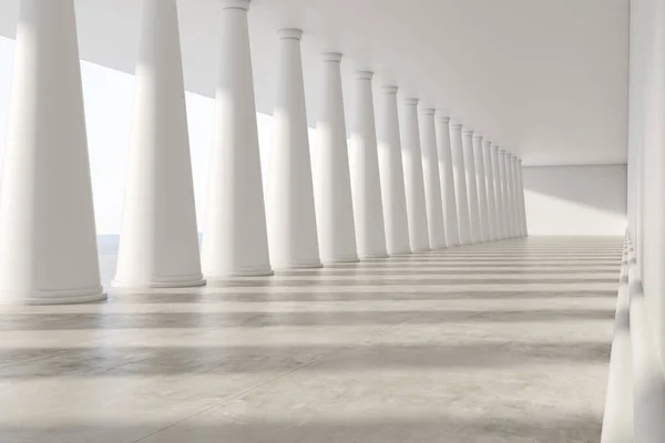 Clean white concrete interior with columns and mockup place. 3D Rendering