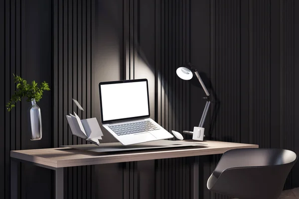 Hipster办公室内部有空白的白色笔记本电脑屏幕和其他在桌面上方飞行的物体 模特儿 3D渲染 — 图库照片