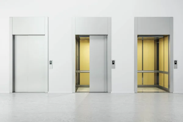 White concrete interior with three elevator doors. Opportunity and success concept. 3D Rendering