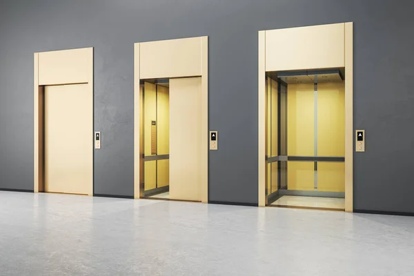 Moderní Šedý Betonový Interiér Třemi Výtahovými Dveřmi Koncept Příležitosti Úspěchu — Stock fotografie