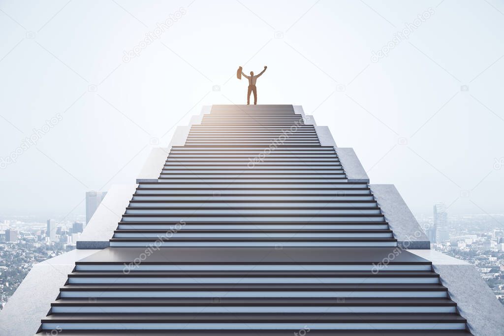 Happy businessman standing on top of staircase on bright sky background. Success and achievement concept