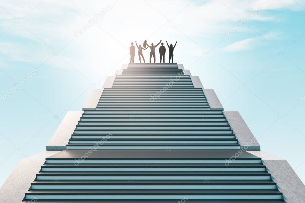 Cheerful businesspeople standing on top of staircase on bright sky background. Success, teamwork and achievement concept