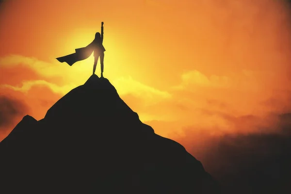 Geschäftsfrau Umhang Feiert Erfolg Auf Kreativem Beleuchtetem Berg Und Sonnenuntergangshintergrund — Stockfoto