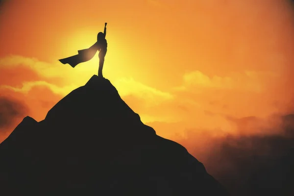 Woman Cape Celebrating Success Creative Backlit Mountain Sunset Background Mock — Stock Photo, Image