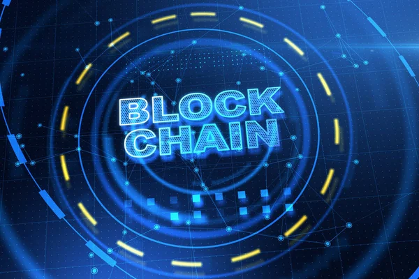 Δημιουργικό Ολόγραμμα Blockchain Σκούρο Μπλε Φόντο Κρυπτονόμισμα Και Χρήμα Έννοια — Φωτογραφία Αρχείου