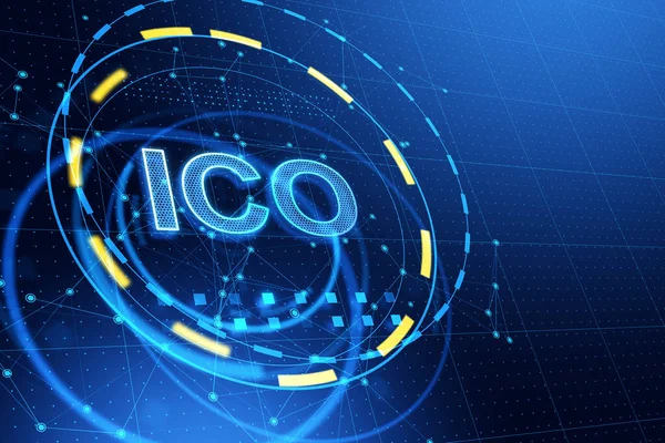 Креативна Голограма Ico Темно Синьому Фоні Початкова Монета Пропонує Концепцію — стокове фото