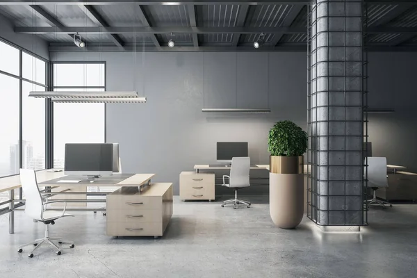 Intérieur Bureau Moderne Avec Fenêtre Panoramique Vue Sur Ville Mobilier — Photo