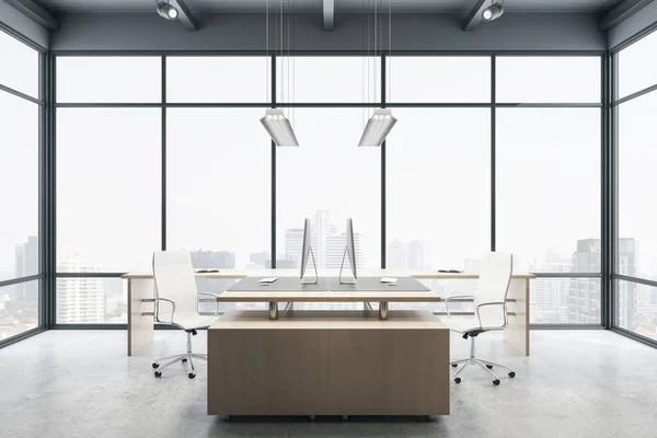 Nuevo Interior Oficina Con Ventana Panorámica Luminosas Vistas Ciudad Durante —  Fotos de Stock