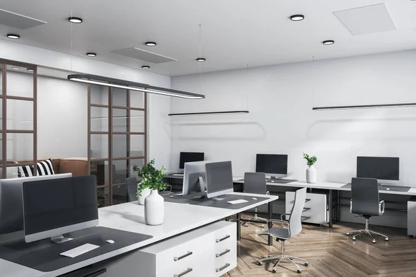 Scandinavian office interior with panoramic window and bright daytime city view, furniture and equipment. 3D Rendering