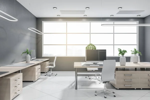 Interior Oficina Corporativa Con Ventana Panorámica Luminosas Vistas Ciudad Durante — Foto de Stock