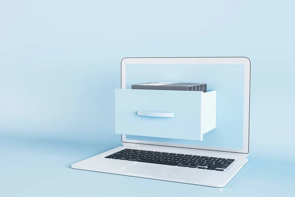 Laptop with abstract folder on screen on blue background. Digital transformation and archive concept. 3D Rendering