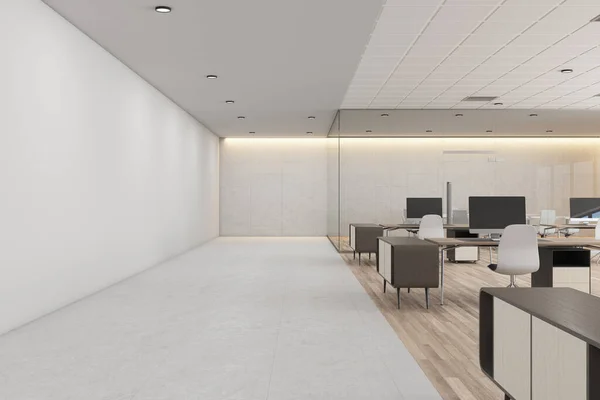 Interni Calcestruzzo Bianco Coworking Office Con Luce Del Giorno Mobili — Foto Stock
