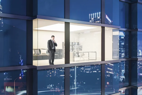 Creative Night Time Glass Building Exterior Window Thoughtful Young Businessman — Stock Photo, Image