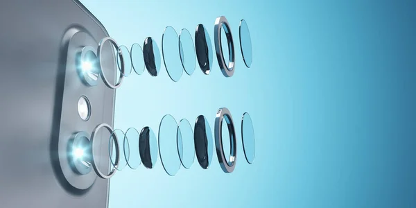 Lebontott Okostelefon Kamera Lencse Kék Háttérrel Mock Hely Reklám Technológia — Stock Fotó