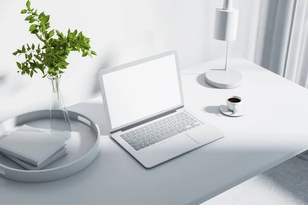 White Shadows Workspace Blank Laptop Screen Lamp Coffee Mug Notebooks — Stock Photo, Image