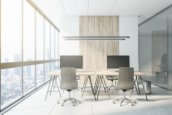 Modernes Coworking Bürointerieur Mit Stadtblick Ausstattung Und Möbeln Rechts Und — Stockfoto